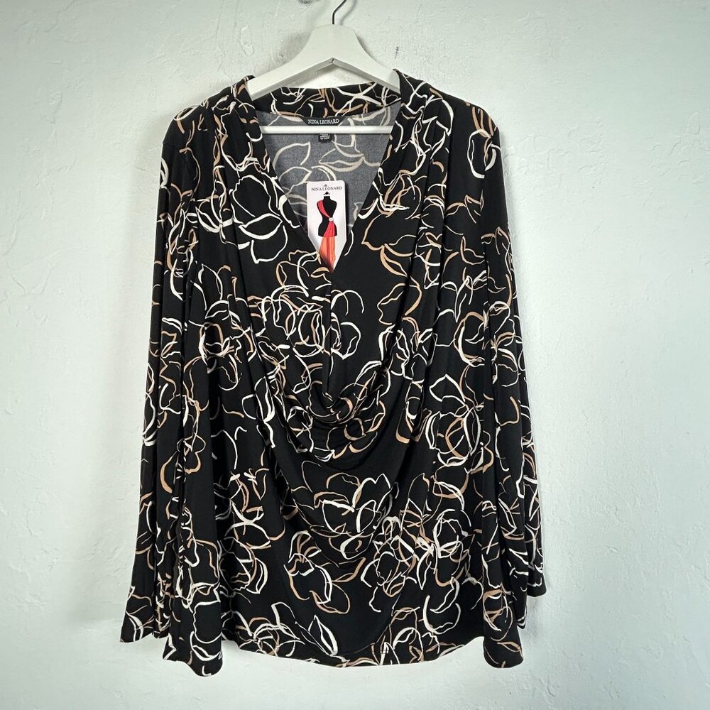 Nina Leonard Womens 2X Floral Miracle Matte Jersey Top Black Drape Front New